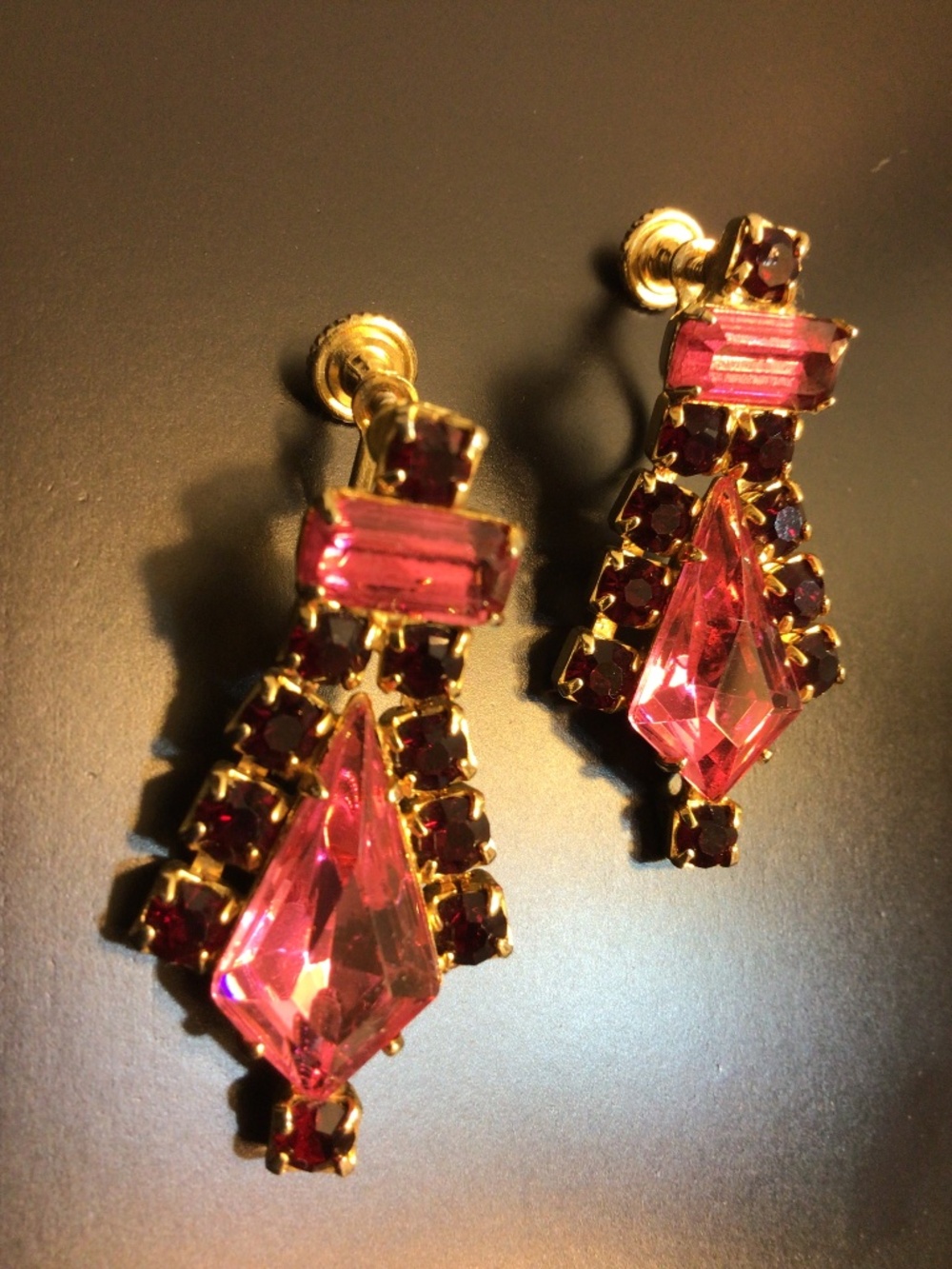 Vintage Mid-century Rhinestone Drop Earrings Vibrant Pink Deep Ruby Red Goldtone